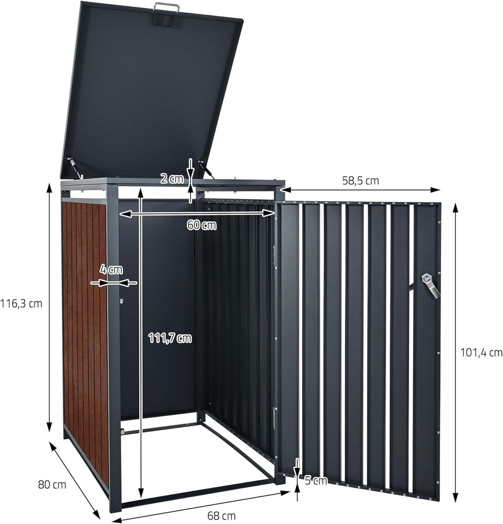 Cubre contenedores ML-Design de 3 unidades para 240L, cerramiento para 3 cubos de basura, caseta resistente a la intemperie, estructura de acero, contenedor con tapa, puerta con cerradura, 200x80x116,3 cm, color antracita efecto óxido