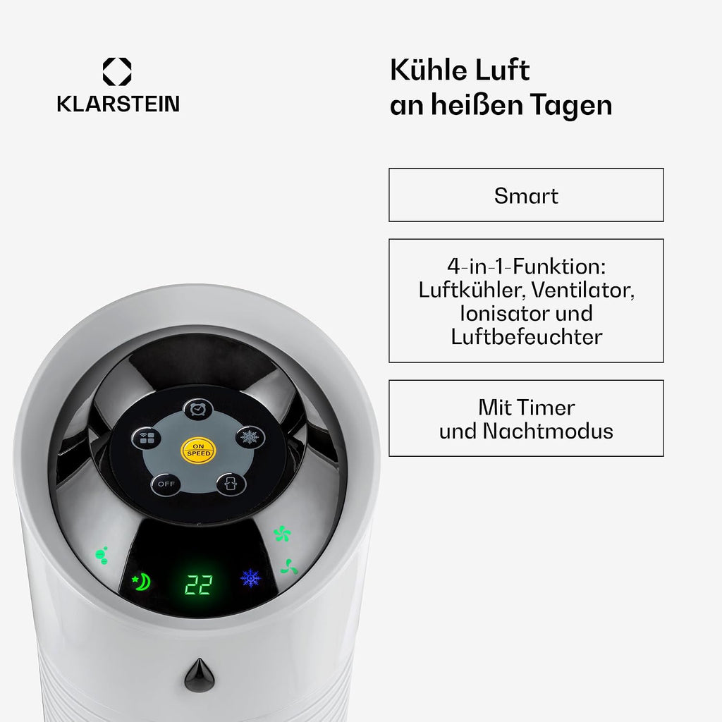 Klarstein 4 en 1: Enfriador de aire inteligente, ventilador, humidificador e ionizador I Depósito de agua de 6 L, oscilación, 30 W, 210 m³/h, temporizador I Aire acondicionado sin tubo de escape, aire acondicionado móvil, plata