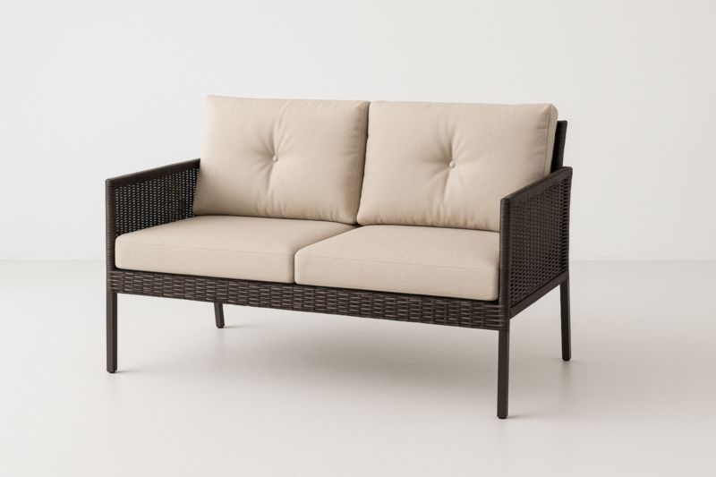 Sofá de exterior de 2 plazas, resina y aluminio, marrón, cojines beige