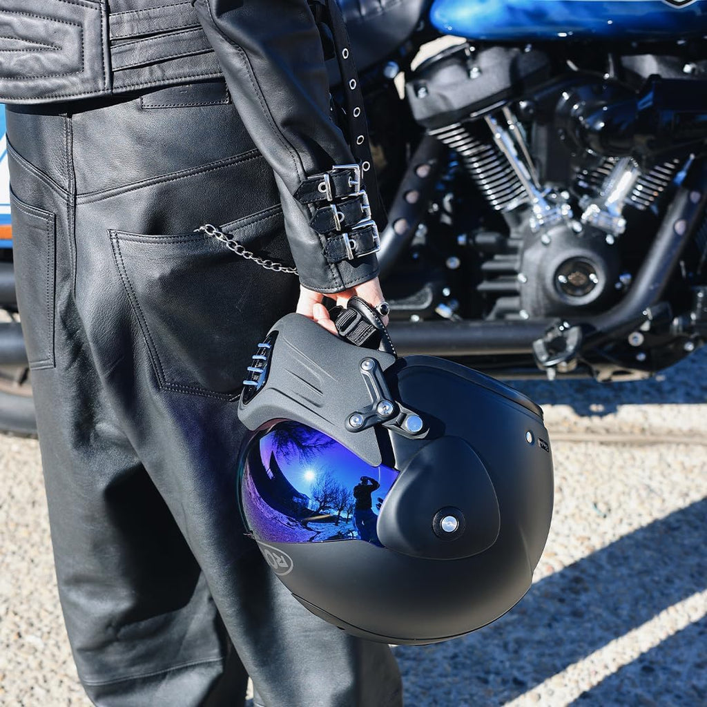 Casco de moto jet de alta gama ROOF Roadster de fibra de vidrio con mentonera magnética extraíble, pantalla iridio incluida – Color Iron negro mate/azul - Venta directa de fábrica - Garantía de 4 años