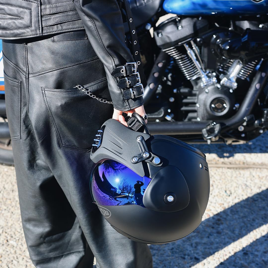 Casco de moto jet de alta gama ROOF Roadster de fibra de vidrio con mentonera magnética extraíble, pantalla iridio incluida – Color Iron negro mate/azul - Venta directa de fábrica - Garantía de 4 años