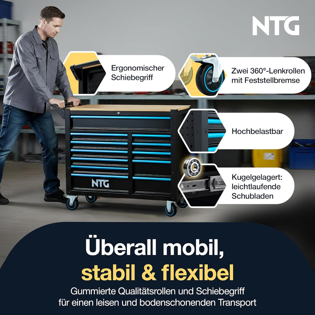 Carro de herramientas XXL NTG – equipado con 471 piezas – 12 cajones con encimera de madera, bloqueable, móvil sobre ruedas – Carro de taller profesional de metal para garaje y taller