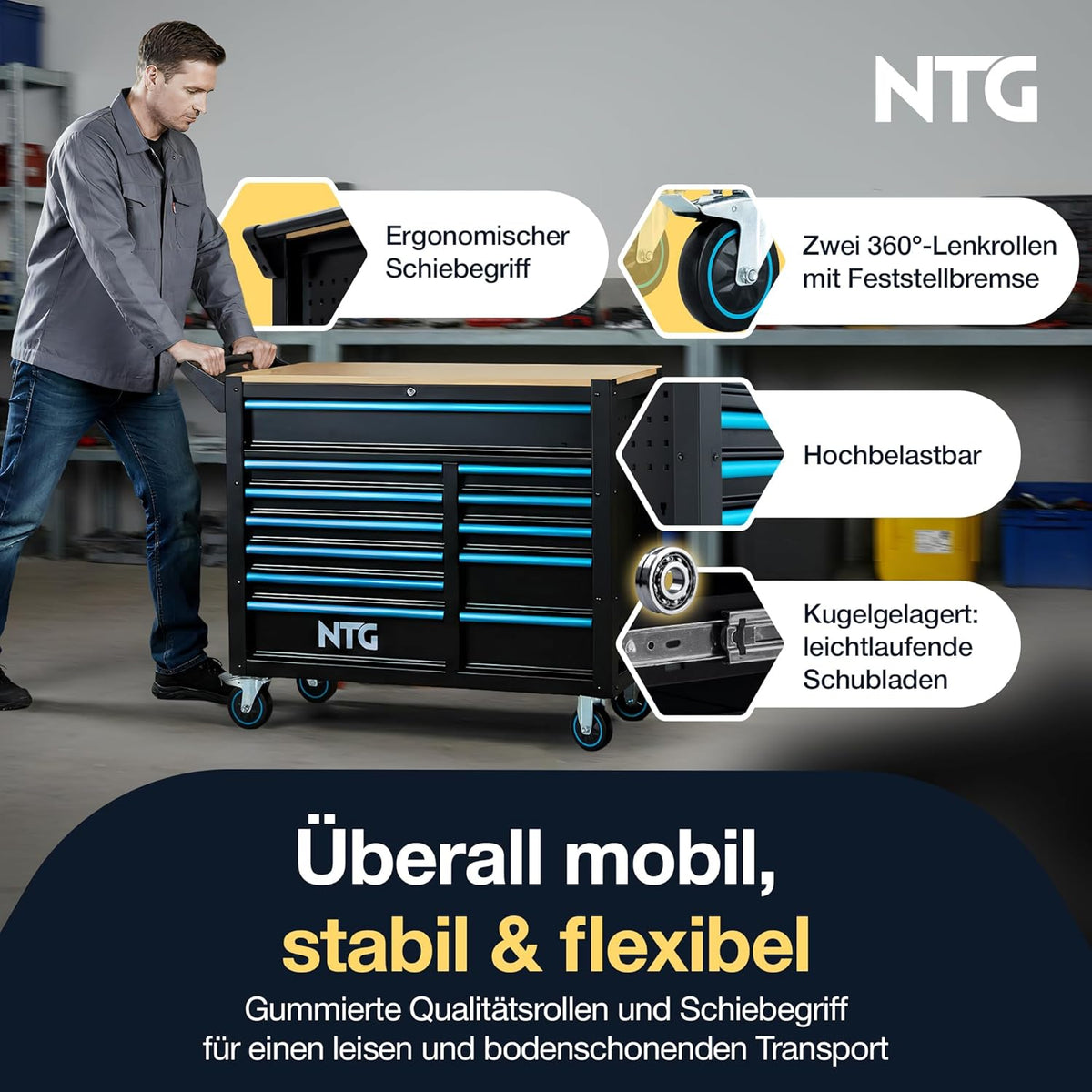 Carro de herramientas XXL NTG – equipado con 471 piezas – 12 cajones con encimera de madera, bloqueable, móvil sobre ruedas – Carro de taller profesional de metal para garaje y taller