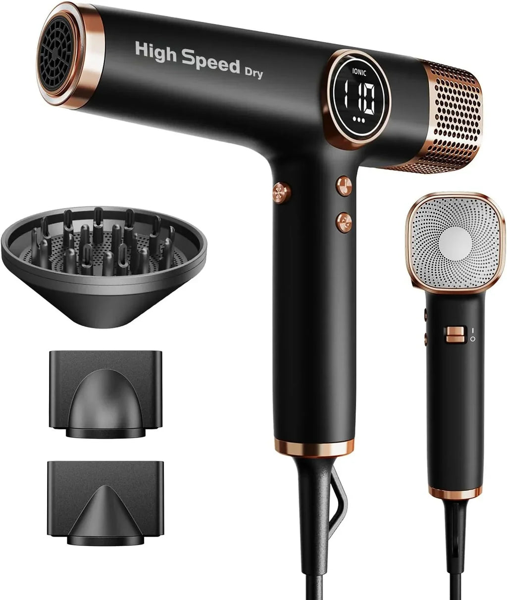 Secador de pelo, motor sin escobillas de 110,000 RPM, 200 millones de iones, pantalla LED, 3 boquillas magnéticas, 1700 W, secado rápido, ligero y silencioso