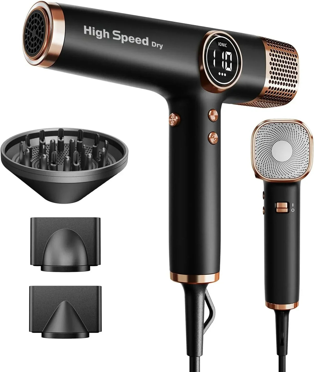Secador de pelo, motor sin escobillas de 110,000 RPM, 200 millones de iones, pantalla LED, 3 boquillas magnéticas, 1700 W, secado rápido, ligero y silencioso