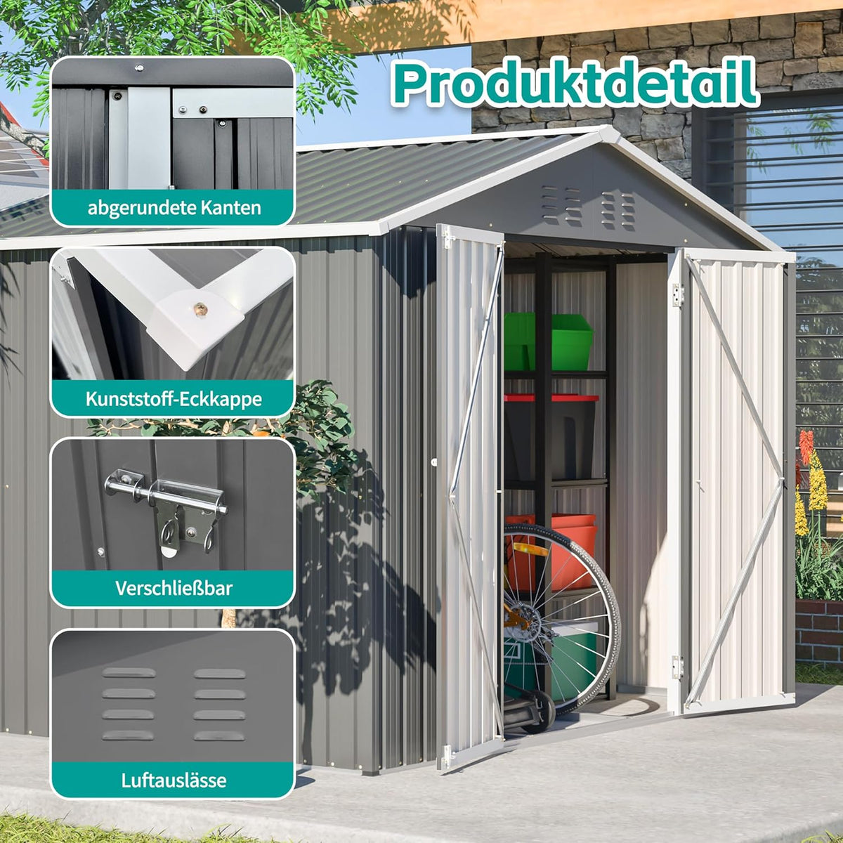 Cobertizo de jardín robusto de metal con techo a dos aguas XXXL (300 x 252 x 191 cm) Almacenamiento seguro para herramientas y equipos de jardinería Gris