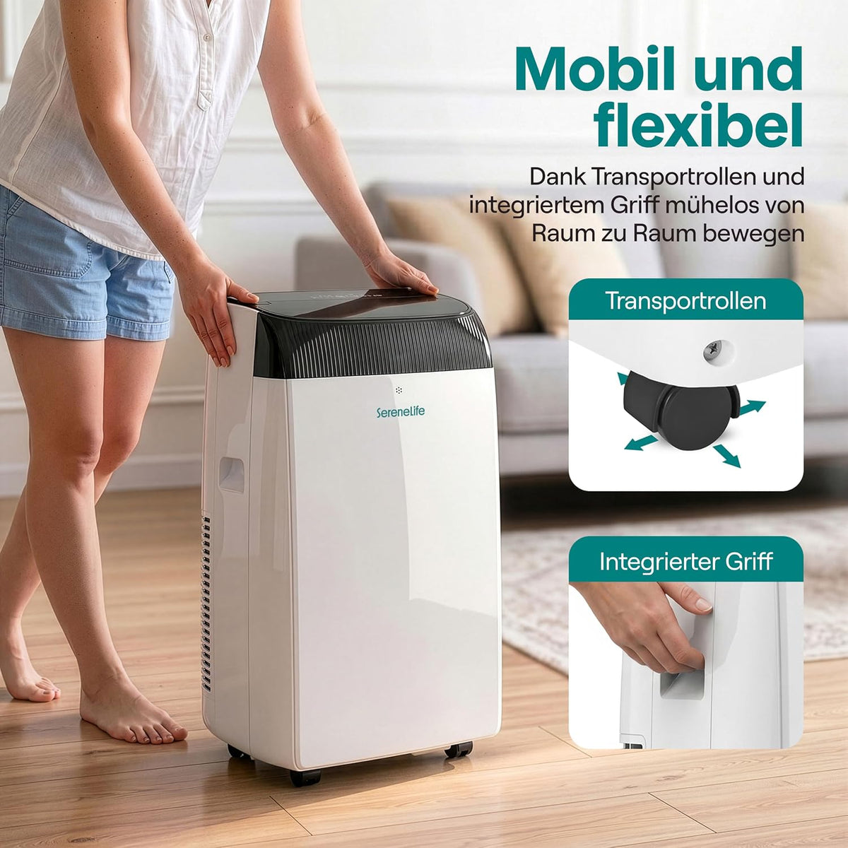 SereneLife Klimaanlage mit Abluftschlauch- Mobil, 14000 BTU WLAN, 3-in1- Kühlen Entfeuchten Venitlieren, Klimagerät mit Fensterkit, LED display, Leise und Schlafmodus, Timer und Rollen, bis 45m²