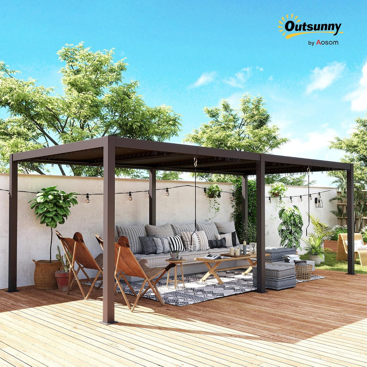 Pérgola bioclimática Outsunny 3 x 6 m, pérgola de jardín exterior con lamas orientables, techo ajustable con manivela de aluminio y ganchos, cenador de jardín, terraza, patio, gris oscuro