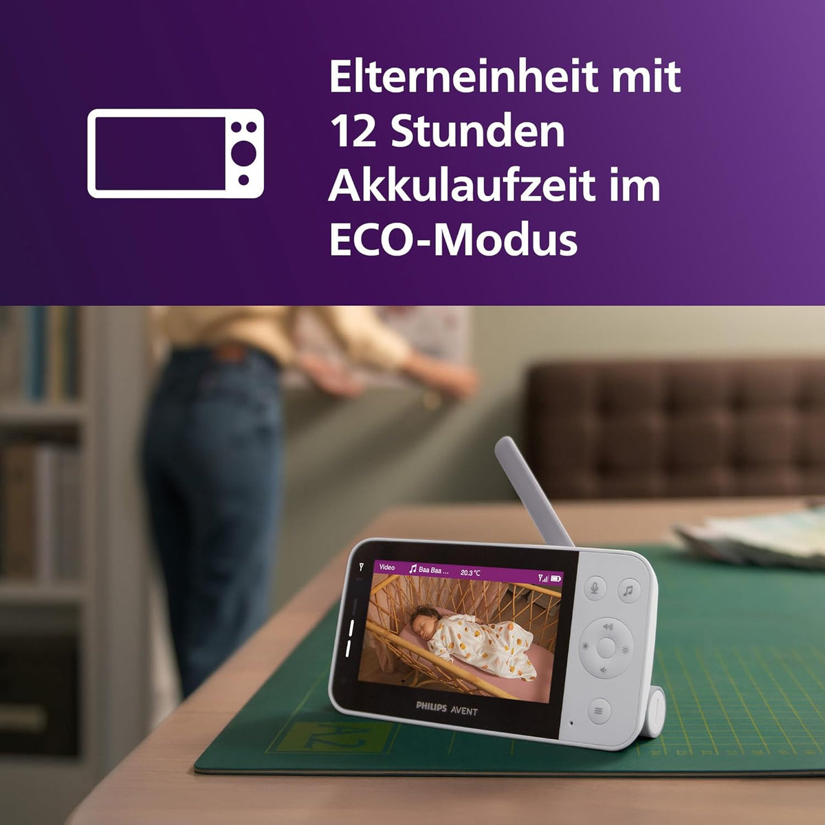 Vigilabebés con vídeo conectado PHILIPS Avent con Wi-Fi, cámara HD de alta calidad, visión nocturna por infrarrojos, detección de llanto, función de comunicación bidireccional, 12 horas de duración de la batería en modo Eco, modelo SCD951/26