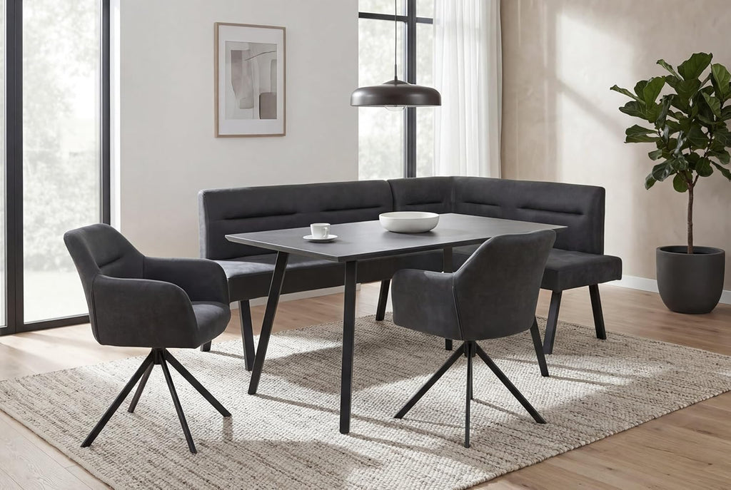 Banqueta esquinera byLIVING Montreal, lado largo a la izquierda, tapizado en antracita, estructura en negro, costura decorativa en el respaldo, núcleo de muelles ensacados, banco de comedor, banco de cocina, medidas: 181 x 128, al. 87, prof. 56 cm
