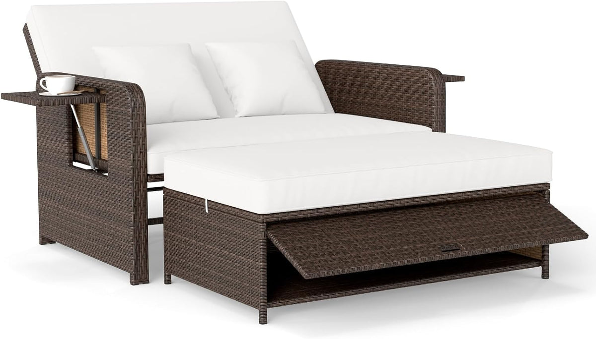 COSTWAY Tumbona de poliratán 3 en 1, tumbona de jardín con respaldo ajustable y bandejas laterales, cama lounge, tumbona doble con cojines, sofá de jardín con función de reclinado, taburete y espacio de almacenamiento (Beige)