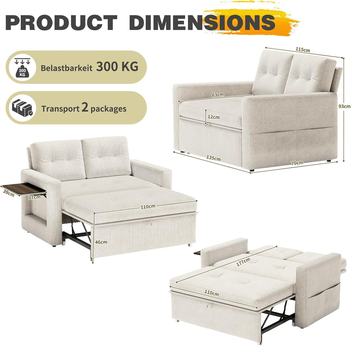 YOUDENOVA Sofá Cama 3 en 1, Sillón Cama multifuncional, Sofá reclinable con respaldo ajustable en 5 posiciones, Sofá cama para 2 personas con mesa y bolsillos laterales, Pana beige