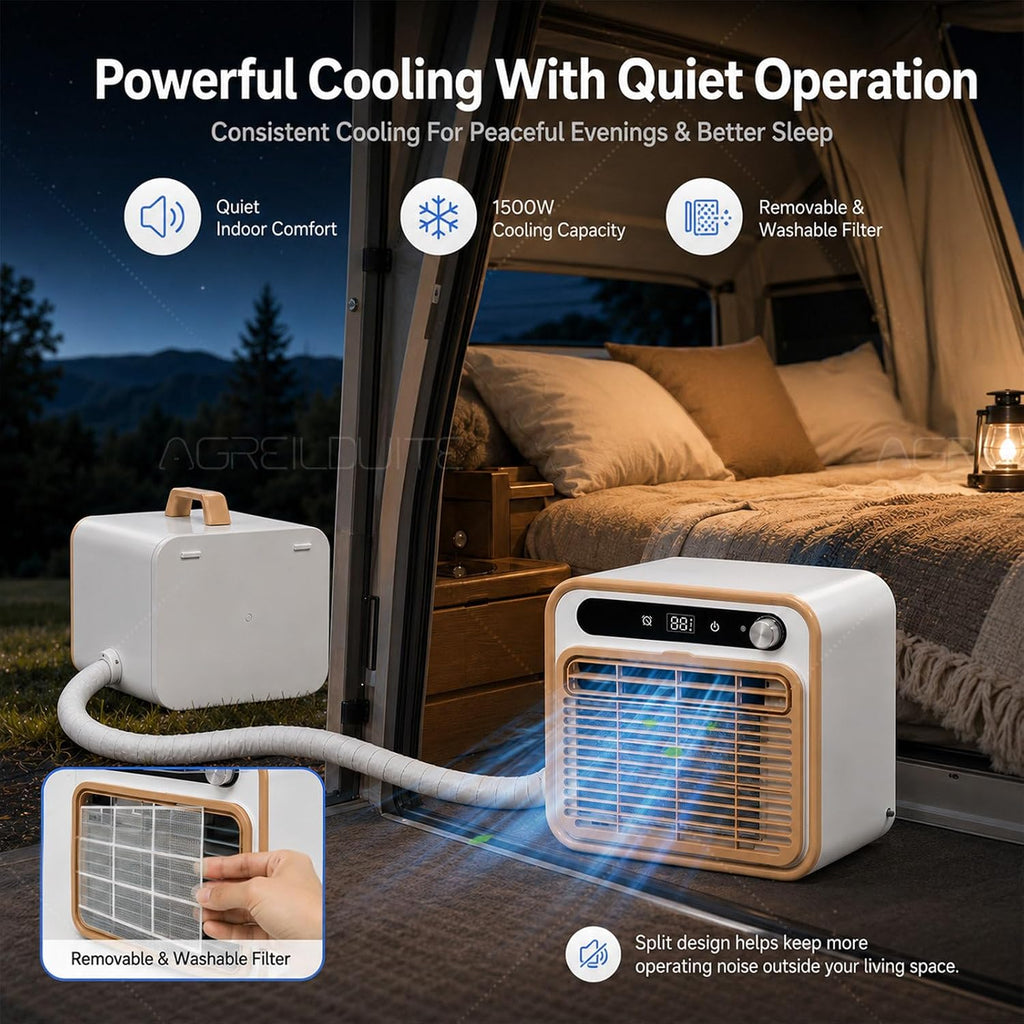 Outdoor Camping Split-Klimaanlage, 130m³/h Luftstrom Wohnmobil Klimaanlage Mit Waschbarem Filter & Fernbedienung & App-Steuerung, Tragbare Klimaanlage Für Zelt, Camper & Wohnwagen 1m-Pipe