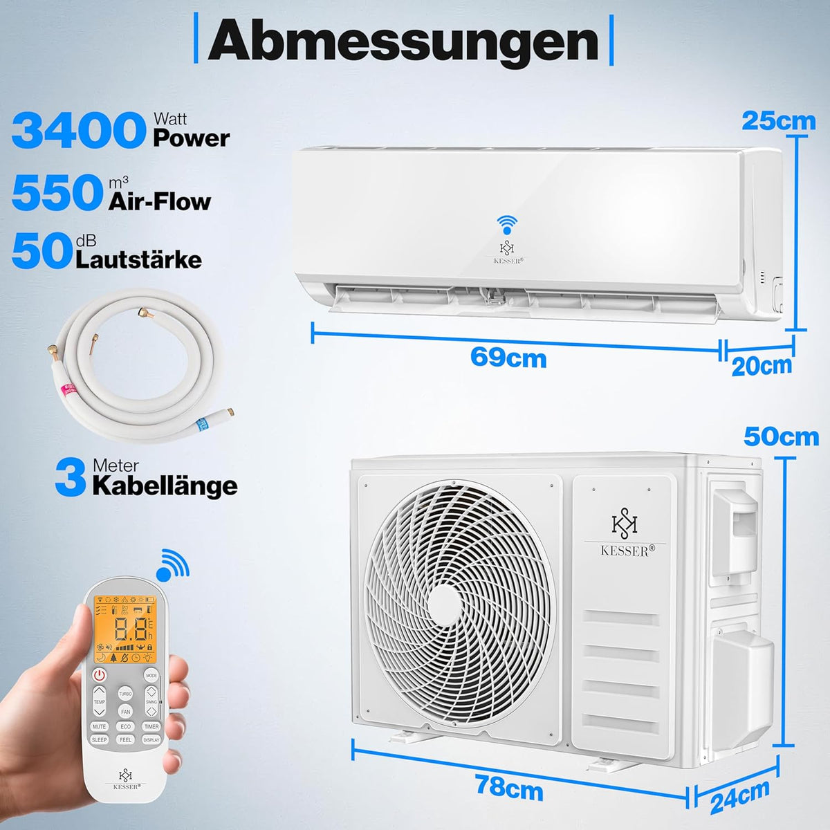 KESSER® Set de aire acondicionado Split - con función WiFi/App - Refrigeración A++/ Calefacción A+ - 9000 BTU/h (2600 vatios) Refrigerante R32 - Mando a distancia, función de temporizador - Incluye material de montaje completo