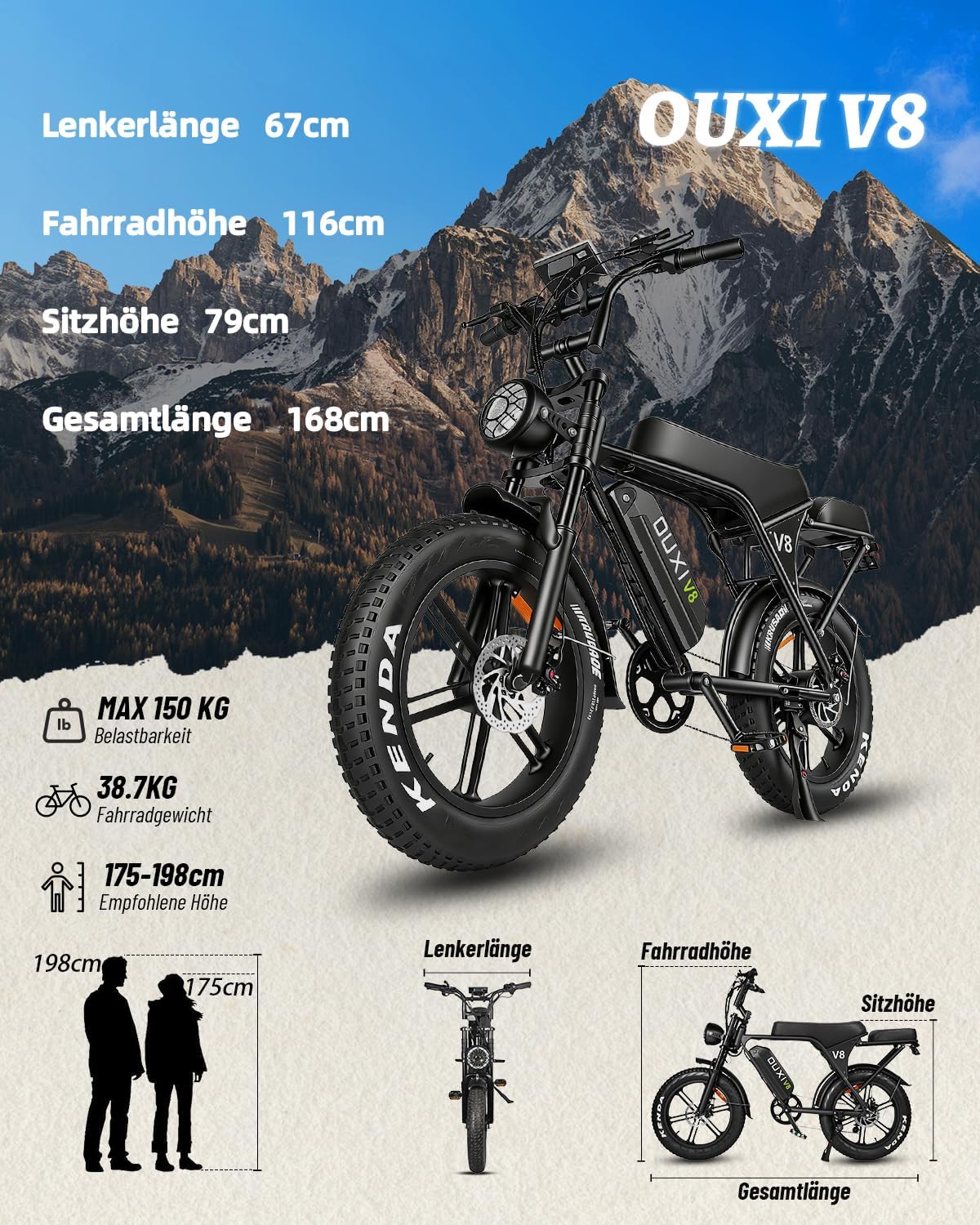 Bicicleta eléctrica OUXI de 250W, Fatbike de 20" x 4.0, frenos de disco hidráulicos, desbloqueo NFC, 60Nm de par, portaequipajes delantero y trasero