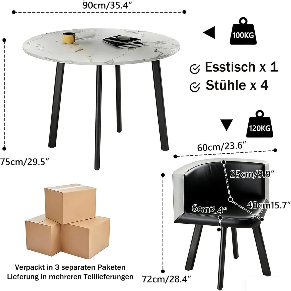 Juego de mesa de comedor y 4 sillas, mesa de comedor redonda de 90 cm y 4 sillas de comedor de piel sintética, ahorro de espacio para cocina, salón, balcón, restaurante, oficina, madera + gris claro, redondo blanco y negro