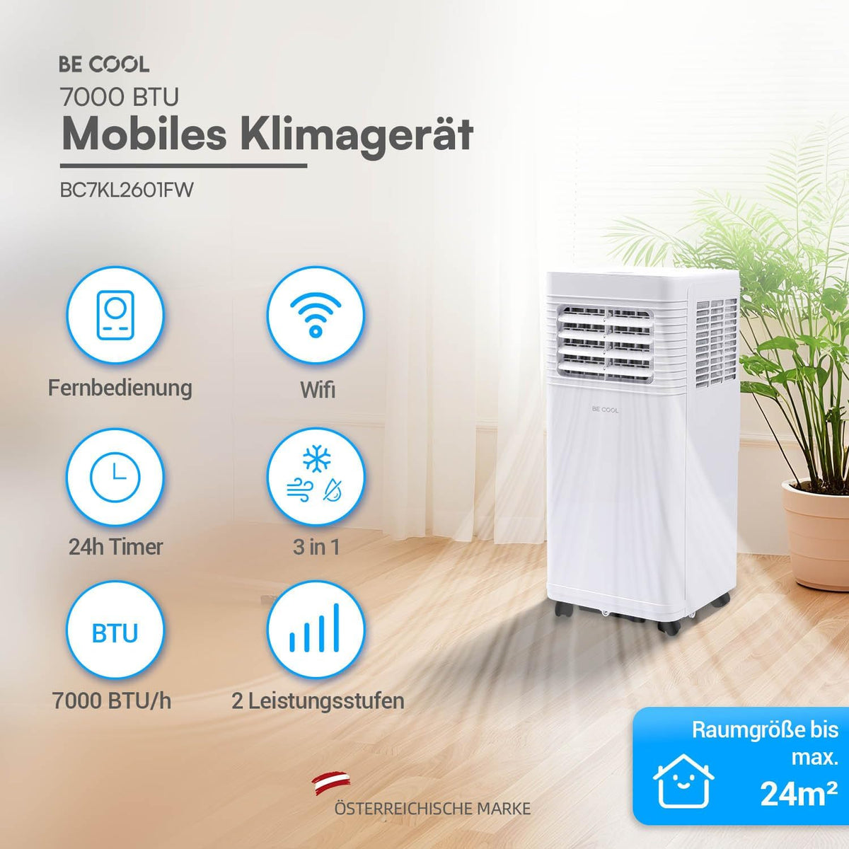 Acondicionador de aire portátil BE COOL 7000 BTU con Wi-Fi, 3 en 1 para refrigerar, deshumidificar y ventilar, para habitaciones de hasta 24 m², mando a distancia, temporizador, modo noche, clase energética A, blanco