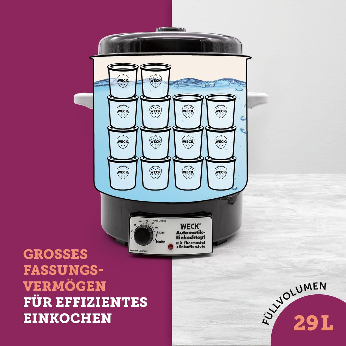 WECK Einkochautomat WAT14 (Serie Finale) esmaltado con termostato de precisión – Olla para conservas de 29 L, calentador de vino caliente, extractor de jugos al vapor, autoclave para conservas – Hecho en Alemania, alta calidad y versátil