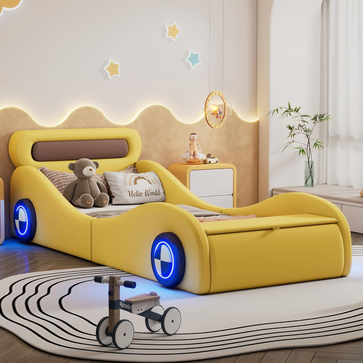 Cama infantil con forma de coche, cama juvenil 90x200, cama tapizada individual con ruedas iluminadas y espacio de almacenamiento, emocionante cama infantil de carreras, cama de juegos para niños con somier, PU, sin colchón, amarillo