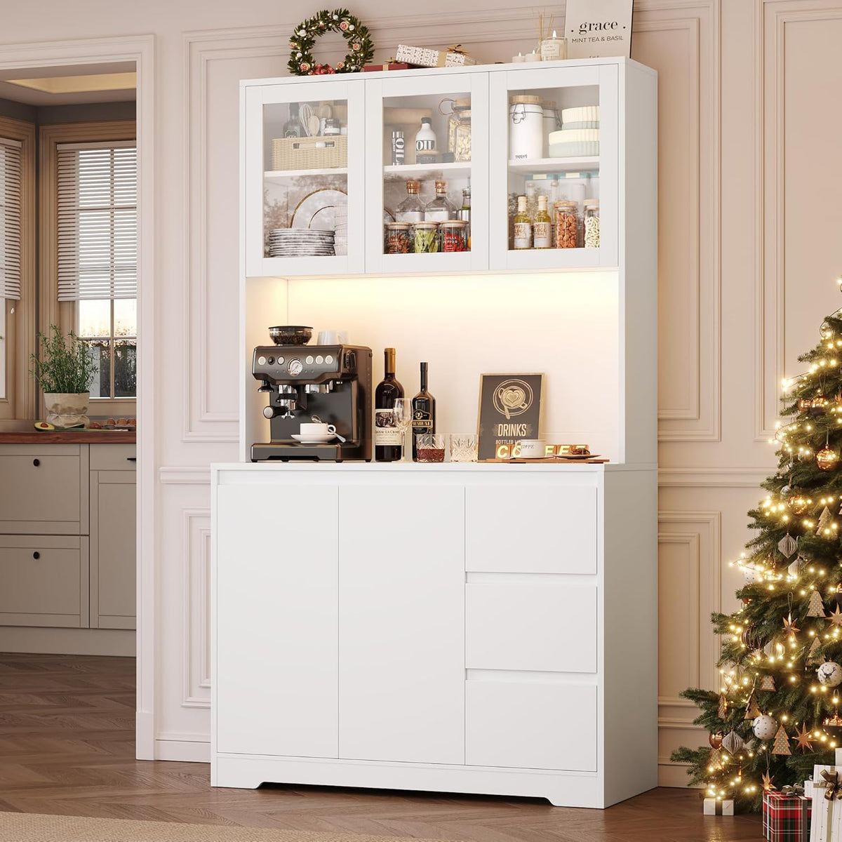 Alacena de cocina FirFurd con LED y regleta, aparador de cocina con encimera y 3 cajones, buffet de cocina con estante ajustable, aparador para cocina, 180x100x38.5 cm, blanco