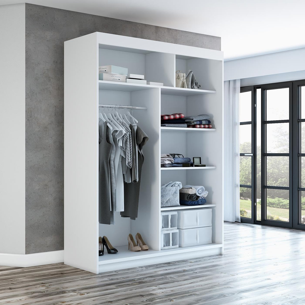 A&J MöbelLand Armario con puertas correderas GAPI, armario de 2 puertas con espejo, ropero de 160 cm (blanco/negro/negro)