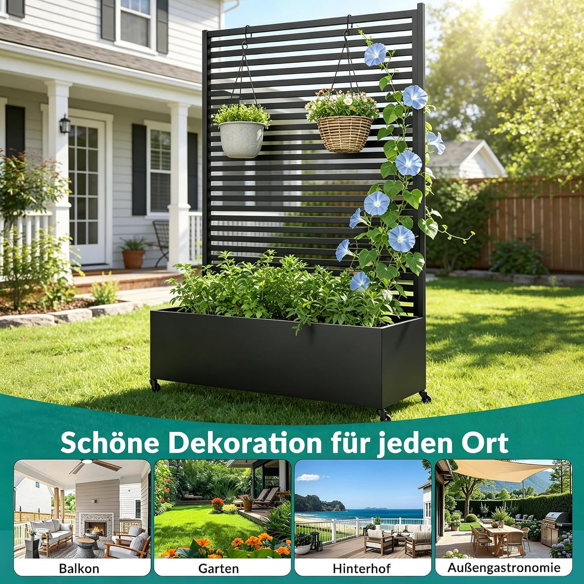 Jardinera con enrejado, macetero elevado de metal con ruedas, biombo de privacidad, 120x40x185 cm, rectangular, para jardín, balcón y terraza
