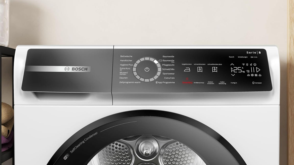 Bosch WQB245B40, Stiftung Warentest BIEN (2,5), Secadora con bomba de calor inteligente Serie 8, 9 kg, secado controlado por sensores AutoDry, programa automático SmartDry, pantalla LED, condensador autolimpiante