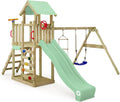 Torre de juegos Wickey MultiFlyer Light, columpio y tobogán verde pastel, torre de escalada infantil para exterior con arenero, escalera y accesorios de juego para el jardín