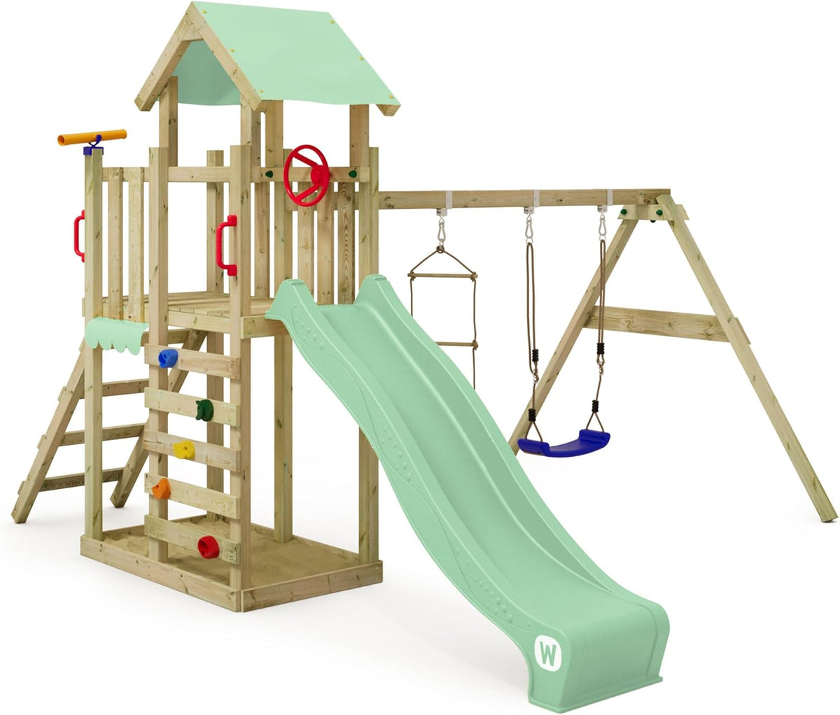 Torre de juegos Wickey MultiFlyer Light, columpio y tobogán verde pastel, torre de escalada infantil para exterior con arenero, escalera y accesorios de juego para el jardín