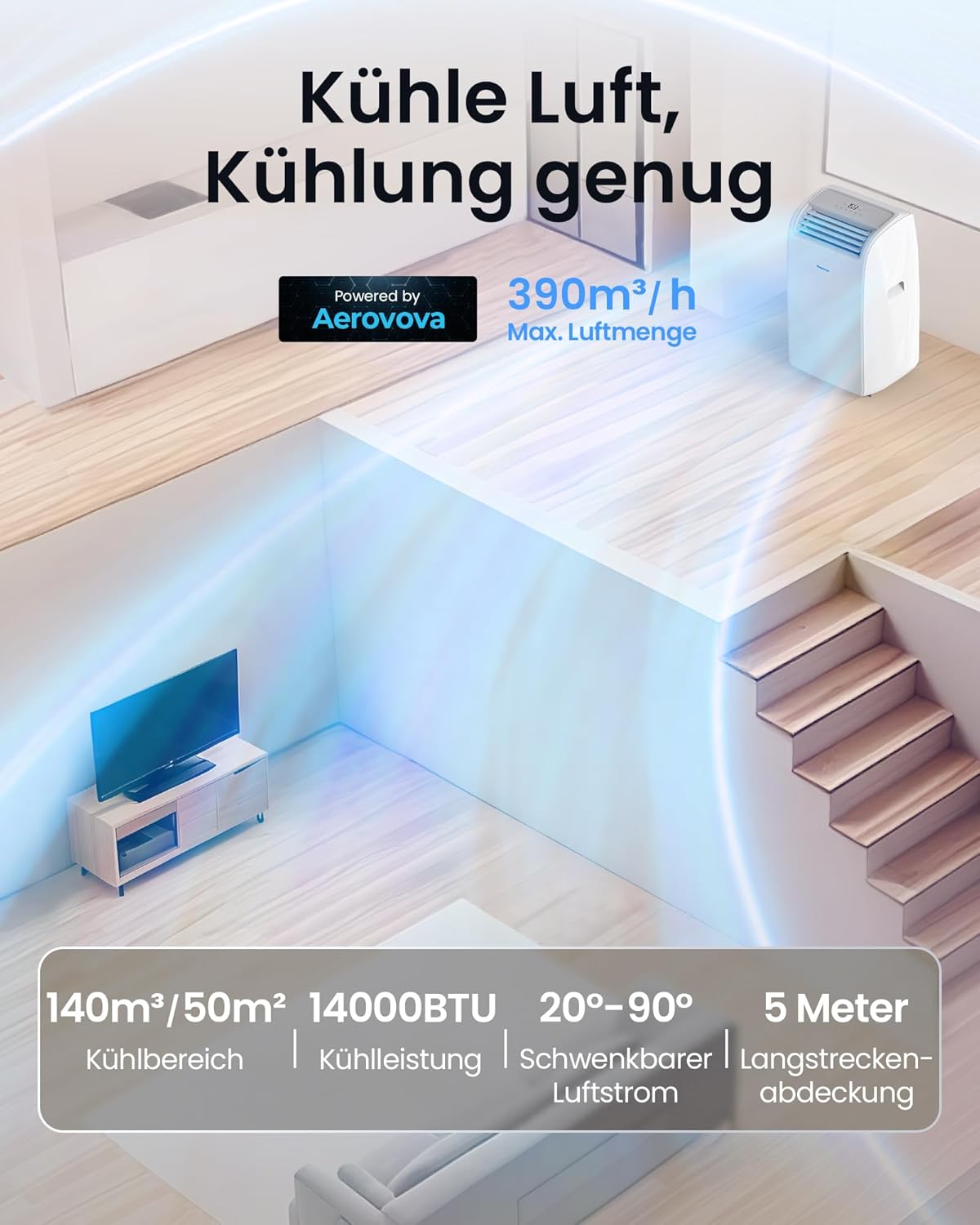 Aire acondicionado portátil Newentor 14000 BTU, aire acondicionado móvil con tubo de escape para habitaciones de hasta 50 m², refrigeración/deshumidificación/ventilación con mando a distancia