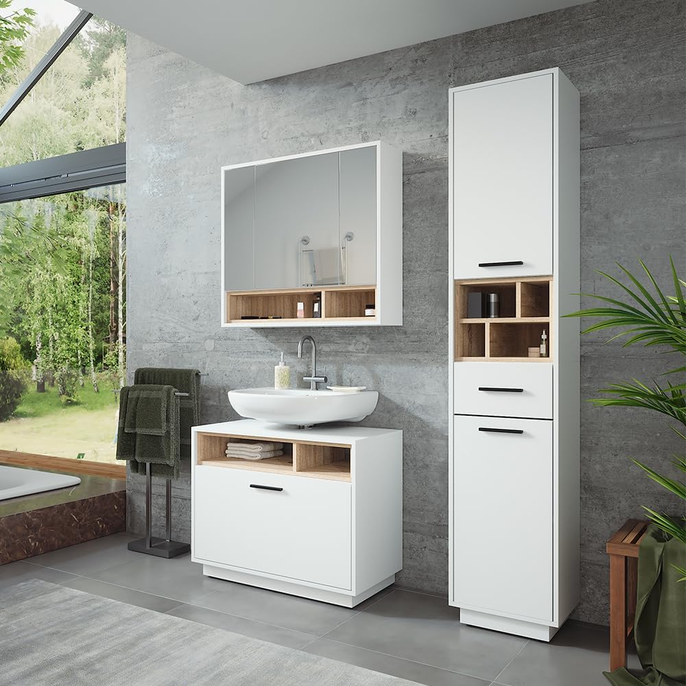 Conjunto de muebles de baño Vicco Beatrice, blanco/sonoma, 80 cm, compuesto por mueble bajo lavabo, armario con espejo y armario columna