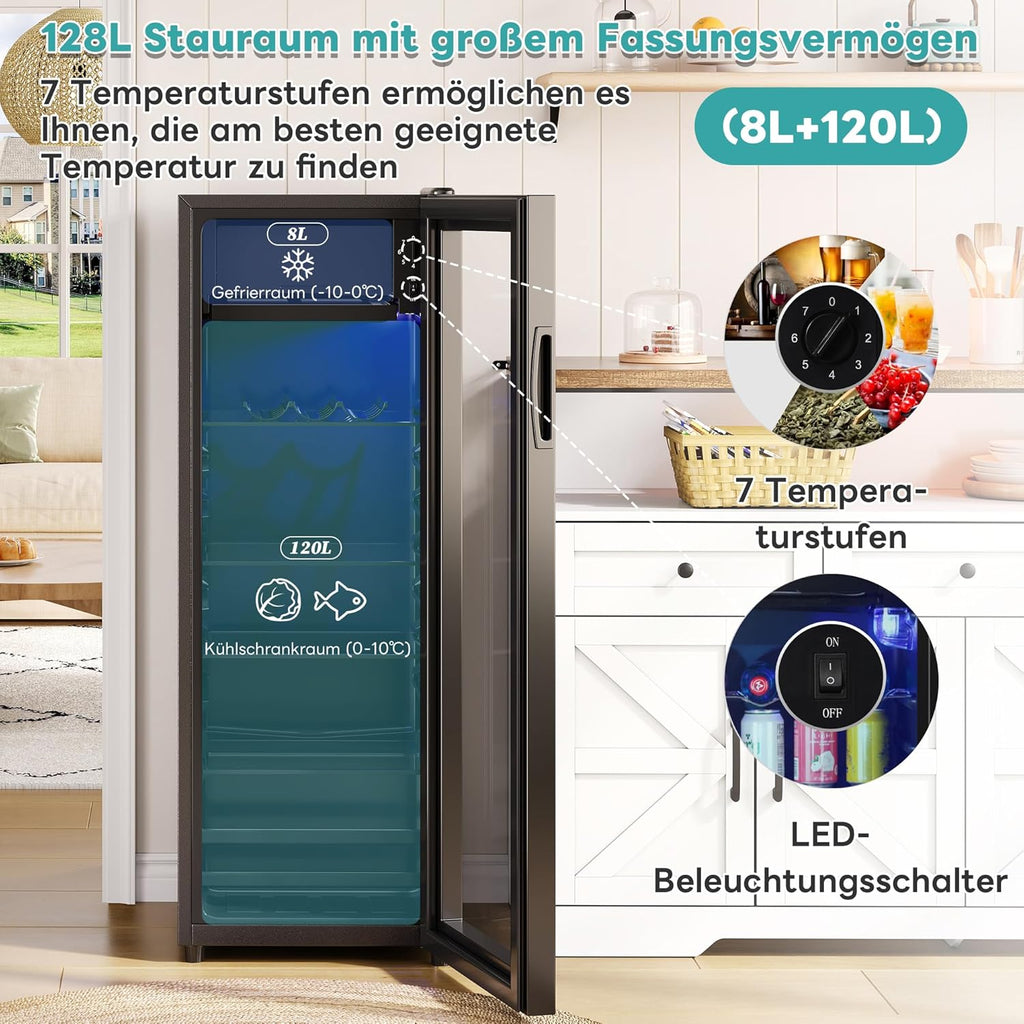 Refrigerador Merax de 128L, enfriador de bebidas independiente con refrigerador de 120L + congelador de 8L, con iluminación interior LED y estantes ajustables, súper silencioso para restaurante, bar, bebidas y cerveza