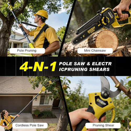 8 Zoll Mini Kettensäge & Akku Elektro Astschere, 4-in-1 Gartenwerkzeug Mit Bürstenlosem Motor, Teleskopstange Bis 4.2m, 2×4.0Ah Akkus, Astsäge Hochentaster Akku, FüR Baumzweige, Holzschneiden (yel)