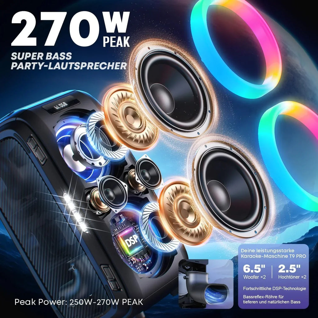 Altavoz Bluetooth T9 Pro portátil para exteriores, 270 W, estéreo con Bluetooth 5.3, USB, TF, AUX y entrada de micrófono