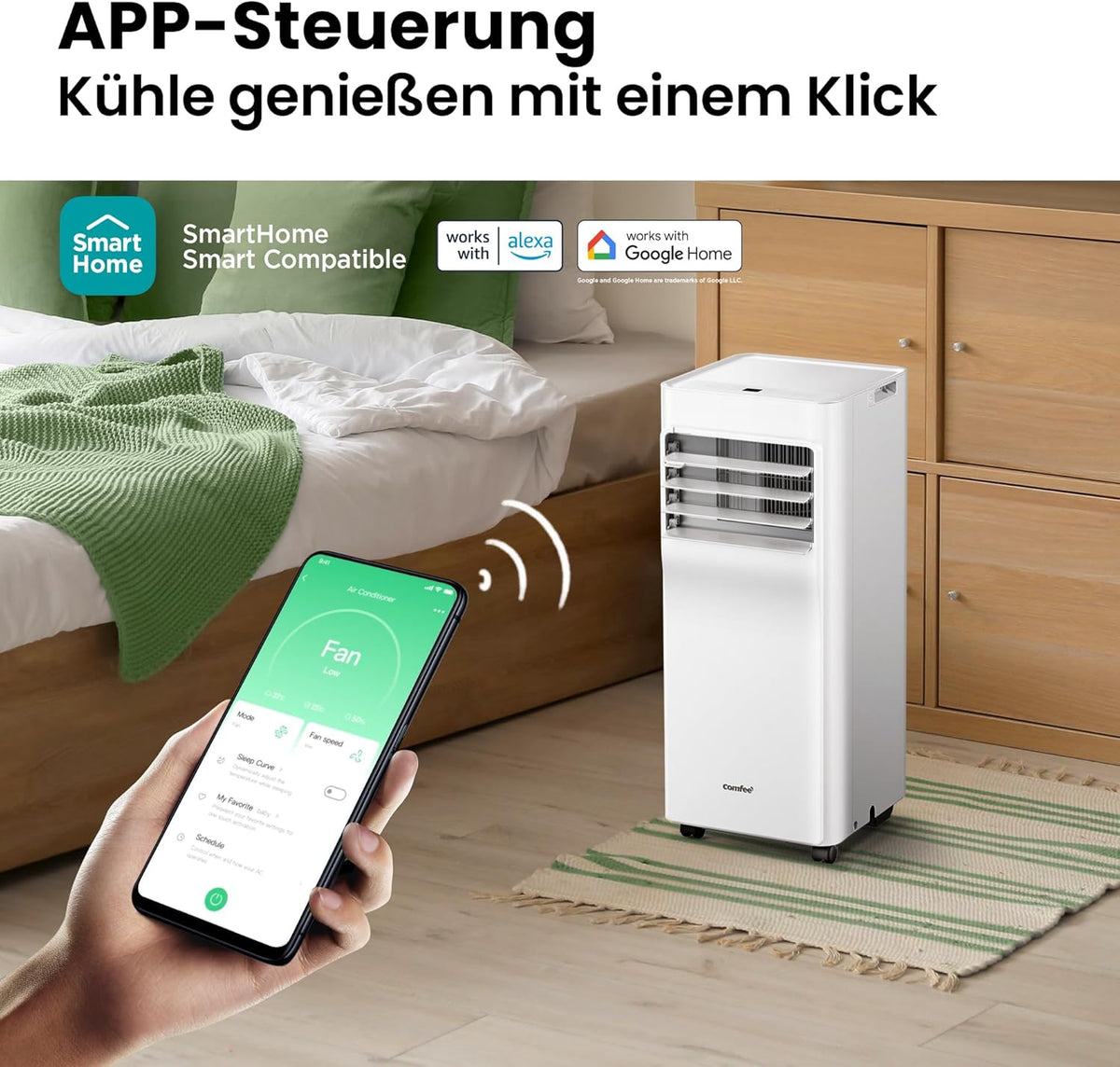 Aire acondicionado portátil Breezy Cool Pro 2.0, 7000 BTU 2,0 kW, refrigeración, ventilación y deshumidificación, control por aplicación, tamaño de habitación hasta 68 m³ (25 m²), aire acondicionado móvil con tubo de escape.