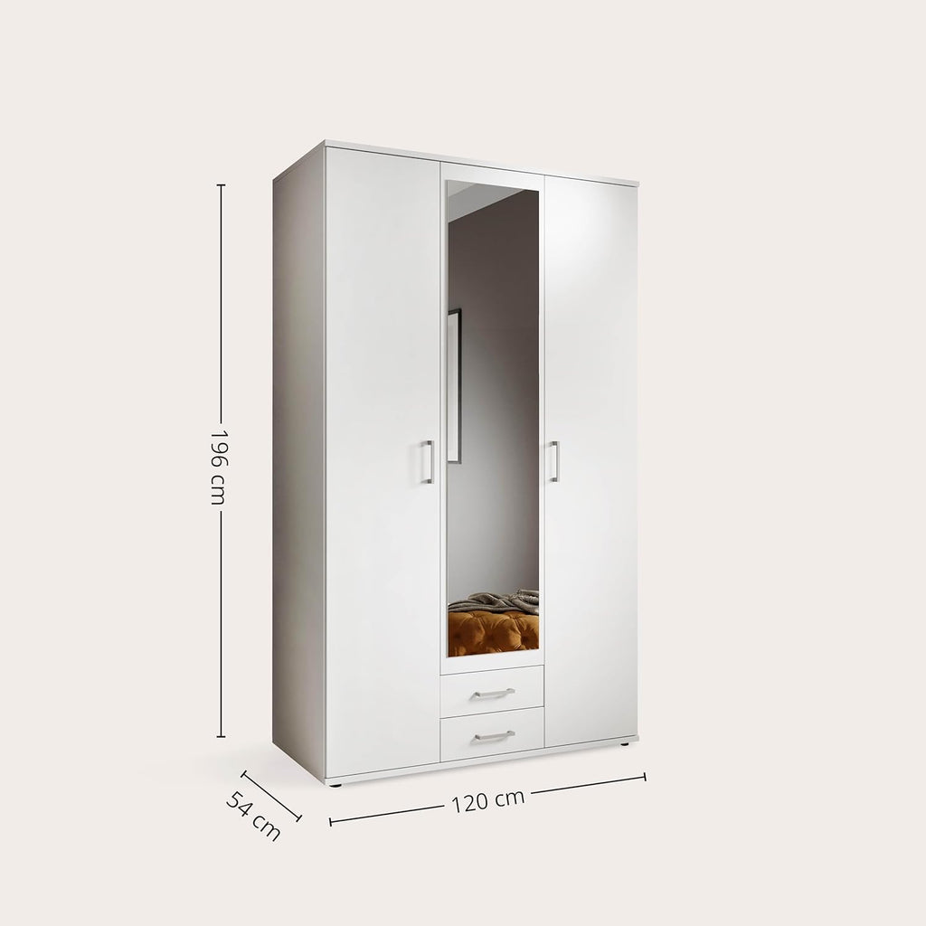 Stella Trading KARL Armario elegante de 3 puertas con gran espacio de almacenamiento - Armario versátil de puertas batientes en color blanco con puerta de espejo - 120 x 195 x 55 cm (ancho/alto/fondo)