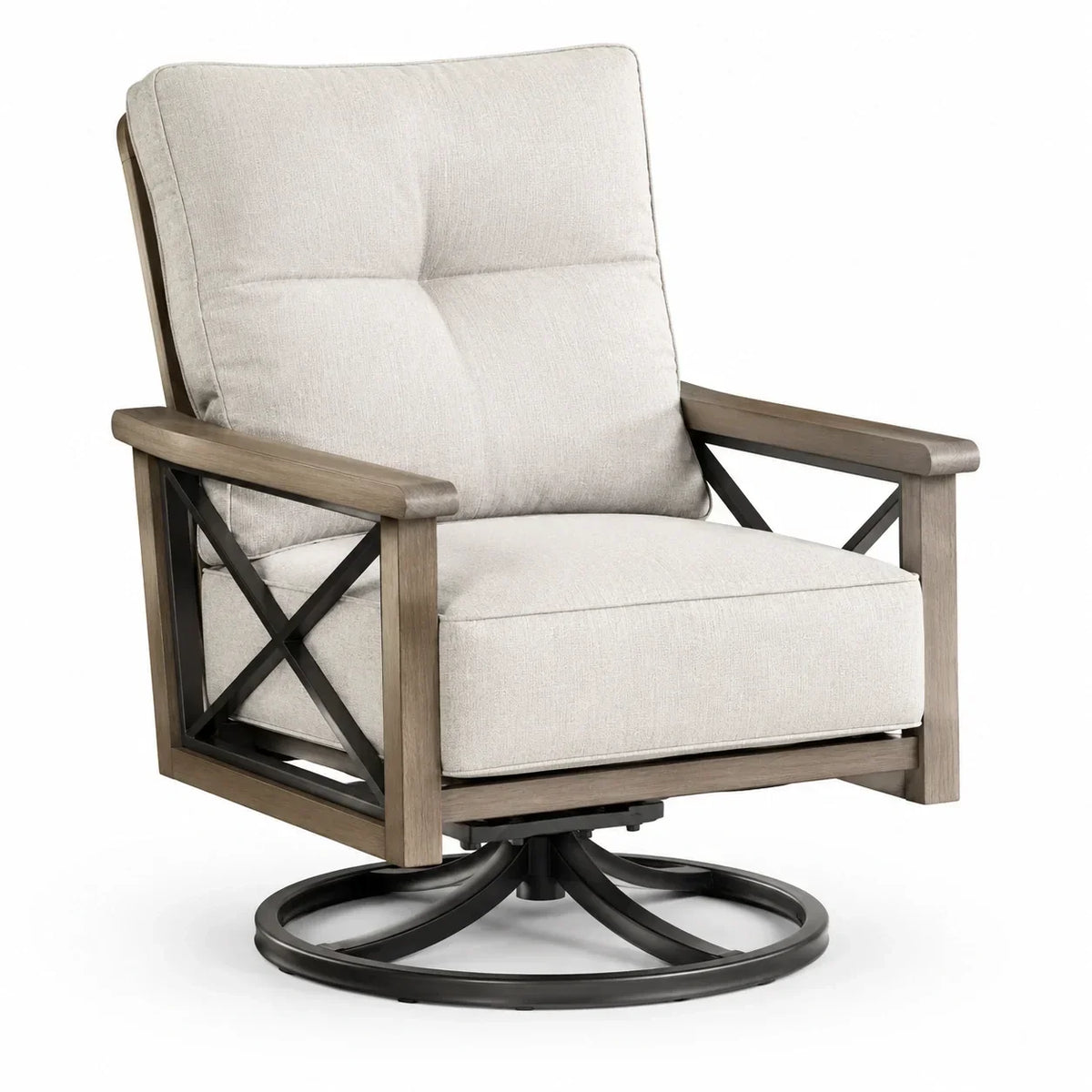 Sillón giratorio con tapizado textil y estructura de metal y madera