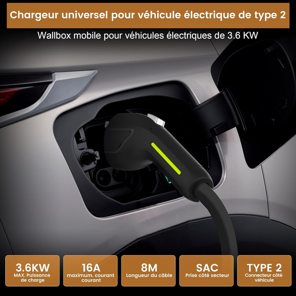 Cargador de vehículo eléctrico AWESAFE Tipo 2, cable de carga de 8 m, ajustable a 6/8/10/13/16 A, con pantalla digital, resistente al agua IP65 (IEC 62196-2 Tipo 2 hembra)