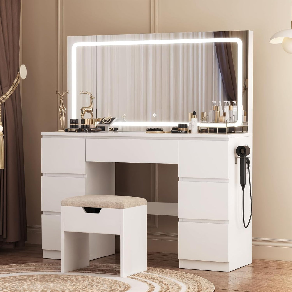 Tocador grande con espejo e iluminación LED de 115 cm, temperatura de color ajustable, tocador de 7 cajones con enchufe, mesa de maquillaje con taburete, 115x40x139 cm, blanco