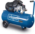 Compresor de aire Scheppach HC120DC lubricado con aceite y duradero, potencia de 2200W, depósito de 100L, presión máx. de 10 bar, capacidad de aspiración de 371L/min, con dispositivo de desplazamiento, regulador de presión y acoplamientos rápidos