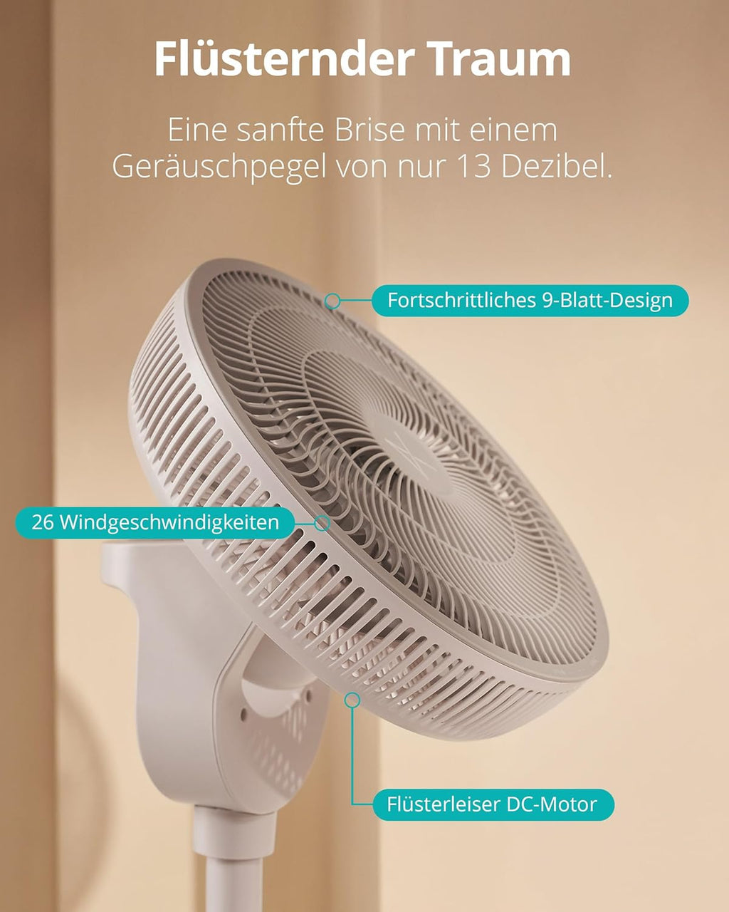 Ventilador de pie silencioso Duux Whisper 2 - Motor CC eficiente con 26 velocidades - Ventilador de altura regulable (73-95 cm) - Oscilación horizontal y vertical - Blanco