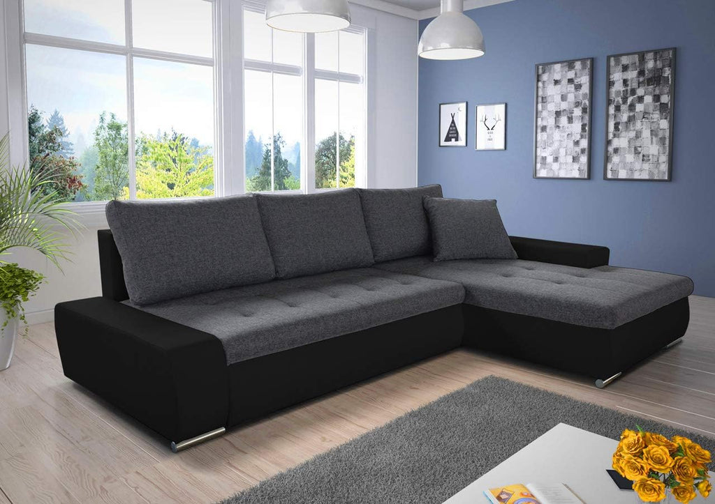 Sofá esquinero con función cama Faris - Sofá con arcón, sofá grande, conjunto de sofás, conjunto de sofás, sofá rinconera, cama (Negro + Grafito (Madryt 1100 + Inari 94), sofá esquinero derecho)