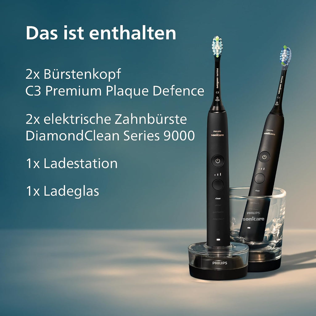 Cepillo de dientes eléctrico Philips Sonicare DiamondClean 9000, cepillo sónico con aplicación, sensor de presión, 4 modos de limpieza, 3 niveles de intensidad, vaso de carga, negro y oro rosa, paquete doble, modelo HX9914/57