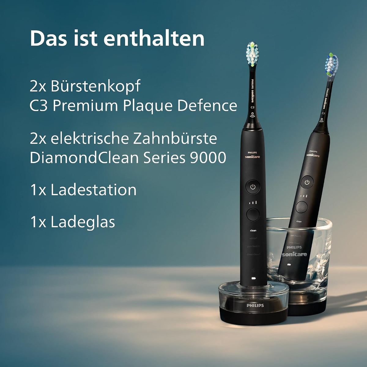 Cepillo de dientes eléctrico Philips Sonicare DiamondClean 9000, cepillo sónico con aplicación, sensor de presión, 4 modos de limpieza, 3 niveles de intensidad, vaso de carga, negro y oro rosa, paquete doble, modelo HX9914/57