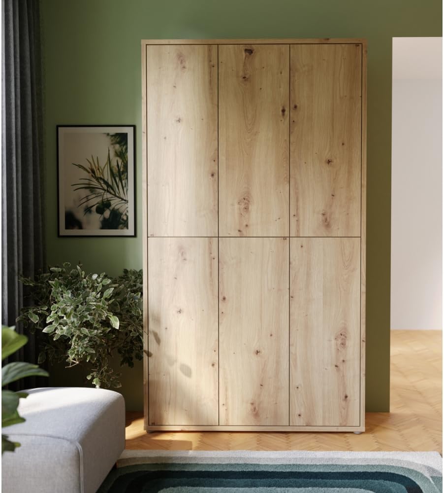 Zapatero Forte Alice Springs 100 110, mueble de recibidor moderno con 6 puertas y 15 estantes, madera contrachapada, acabado en roble Artisan, 109,2 cm de ancho x 191,9 cm de alto x 34,9 cm de profundidad