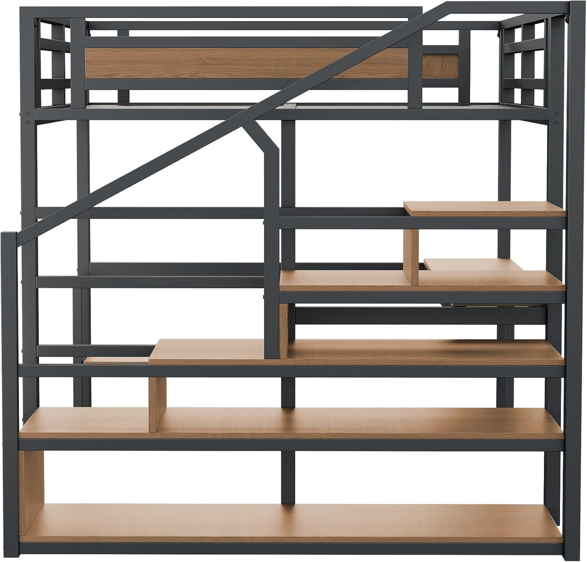 Litera alta de metal de 140x200 con escalera de almacenamiento con estantes y escritorio, diseño de valla de seguridad con tablones de metal unidos, cama de estructura de hierro alta con marco de metal para un soporte estable (negro)
