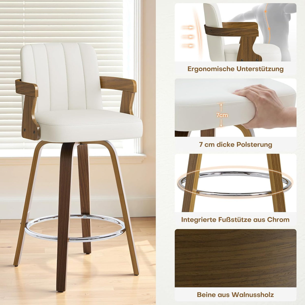 Juego de 2 taburetes de bar giratorios 360° con reposabrazos, altura del asiento de 65 cm, acolchados (7 cm) de piel sintética, silla de bar con patas de madera y reposapiés, taburete de cocina para isla, mostrador y comedor, blanco