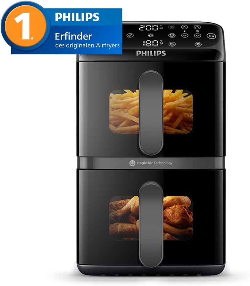 Airfryer Serie 4000 de doble cesta apilada, 10L, tecnología RapidAir, 45% menos espacio, revestimiento cerámico libre de PFAS, ventana de visualización (NA460/00)