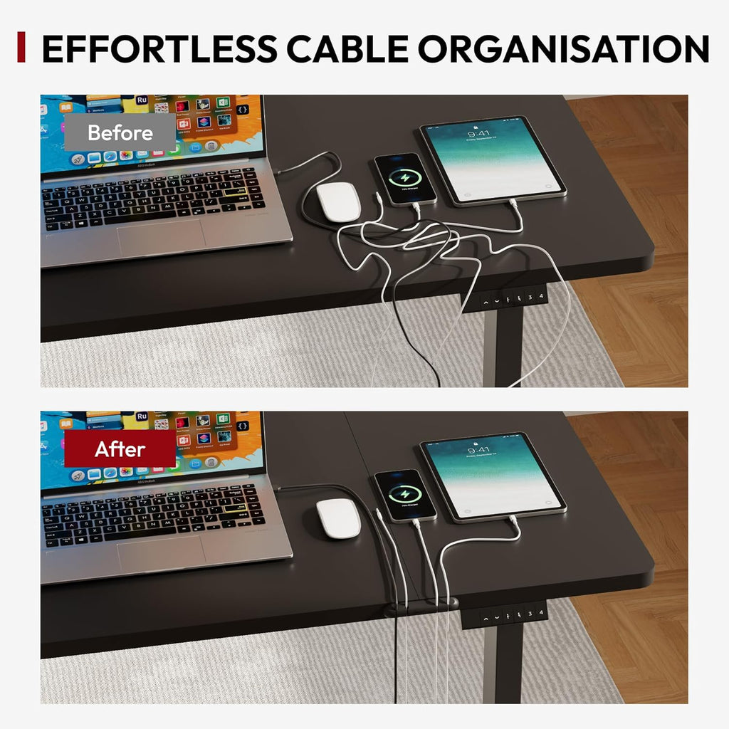 Escritorio de altura regulable SANODESK 140 x 60 cm incl. 4 accesorios: portavasos, gancho, caja de almacenamiento y gestión de cables, con función de memoria, para oficina y entretenimiento, negro
