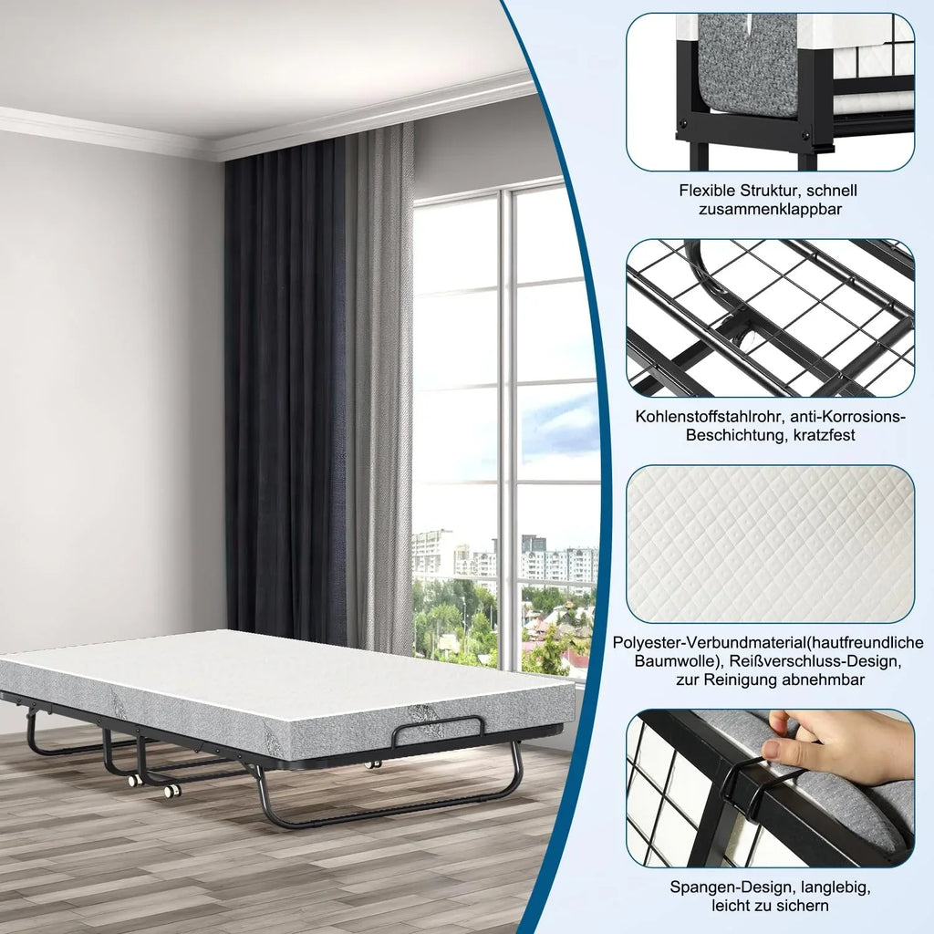 Cama plegable 90 × 200 cm con colchón de 13 cm, hasta 200 kg, marco de metal, ruedas, funda protectora contra el polvo y funda lavable